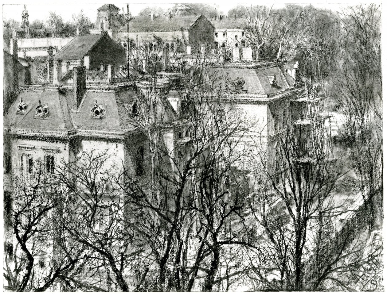 Maisons derrière des arbres dénudés - Adolph Menzel