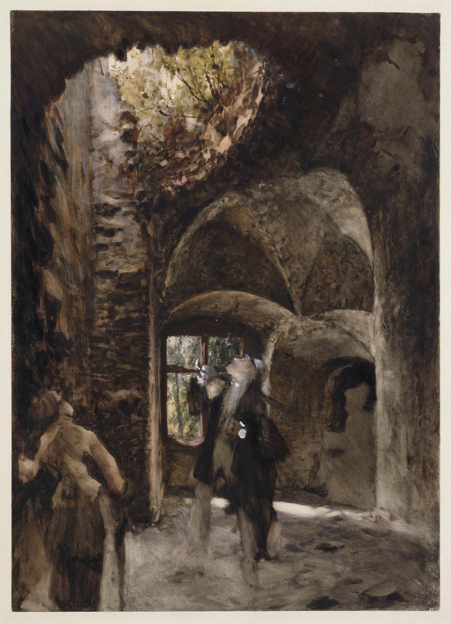 Dans les ruines, un homme et une femme se tiennent sur un palier et lèvent les yeux vers un grand trou dans la voûte. - Adolph Menzel