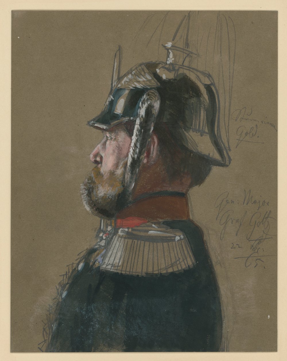 Karl Friedrich comte von Goltz, général-major, portrait en buste avec casque et épée, profil vers la gauche, étude de portrait pour «Le couronnement de Guillaume Ier à Königsberg» - Adolph Menzel