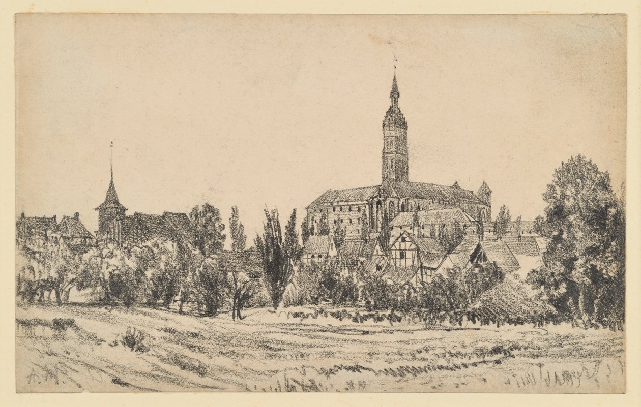 Petite ville avec un clocher haut - Adolph Menzel