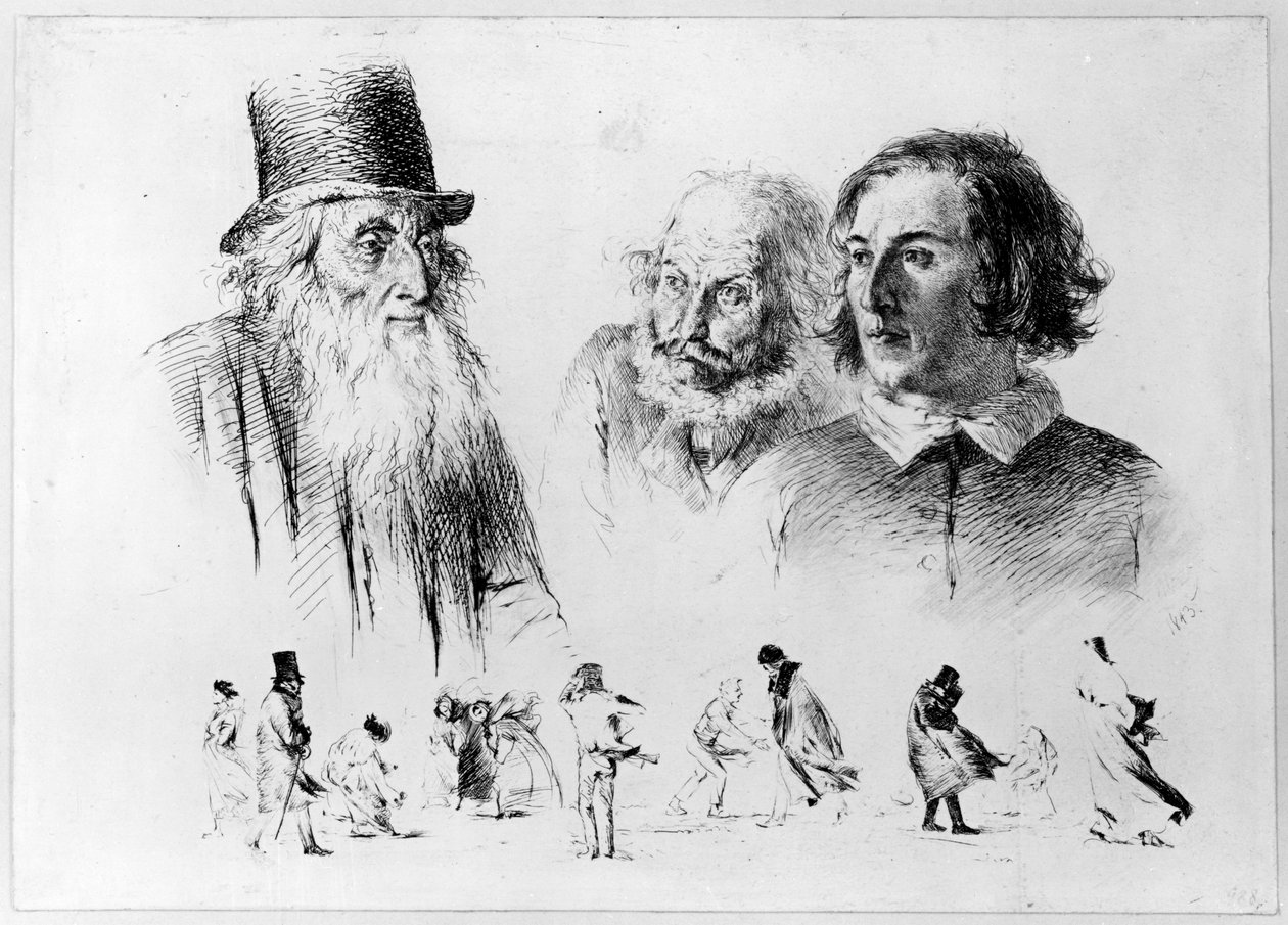 Études de têtes et de personnages, feuille n° 2 de la série « Essais de radir » - Adolph Menzel