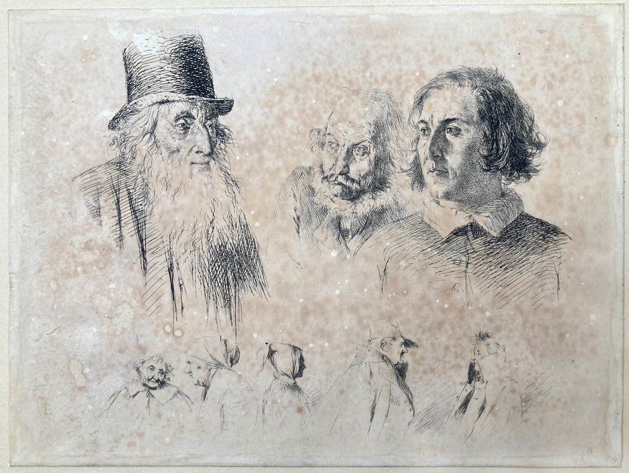 Études de têtes et de personnages, feuille n° 2 de la série « Essais au radir » - Adolph Menzel