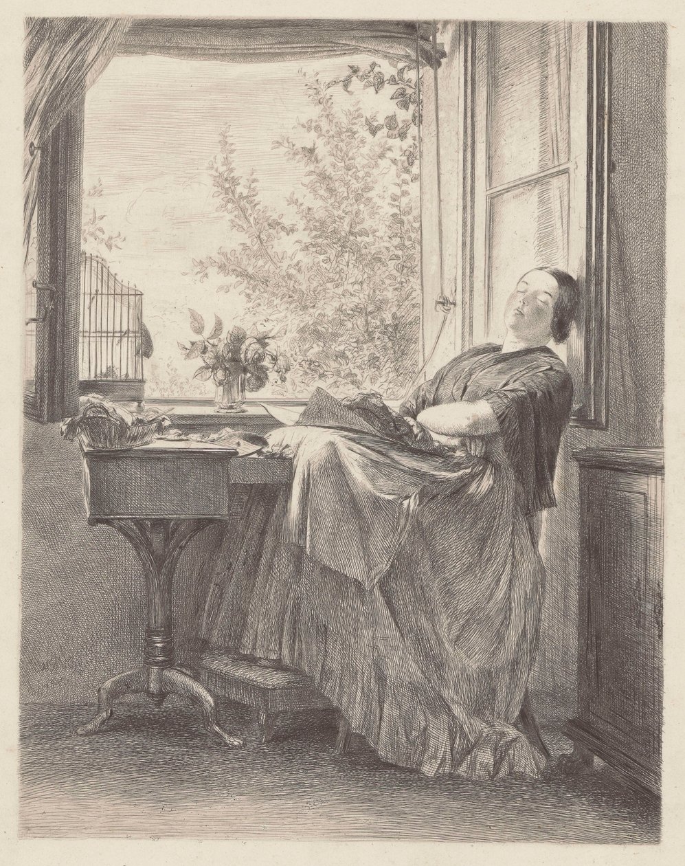 Couturière dormant près de la fenêtre (Emilia, sœur de Menzel, plus tard Mme Krigar). - Adolph Menzel
