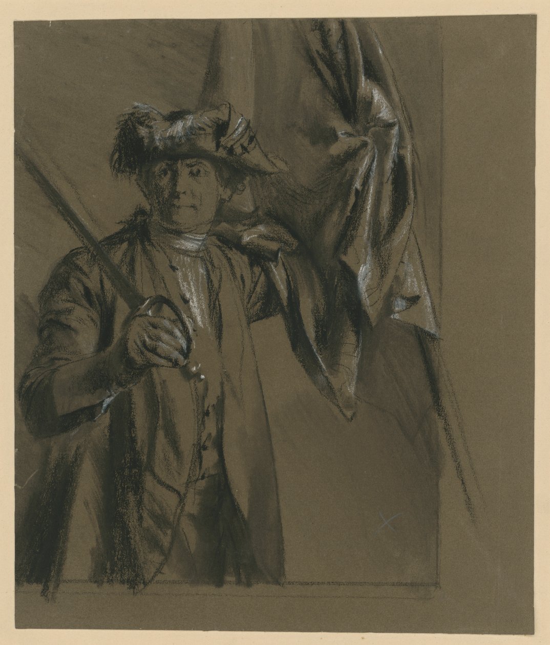 Kurt Christoph, comte von Schwerin, feld-maréchal prussien avec drapeau et épée, étude de modèle pour «Du temps du roi Frédéric. Héros de la guerre et de la paix», 1856 (en rapport avec Bock 1070) - Adolph Menzel