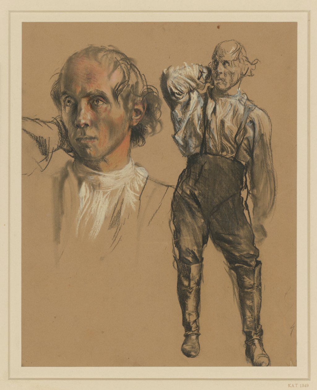 Homme en chemise, pantalon et hautes bottes, debout de face, portant la main droite à la nuque, regardant vers la gauche, à gauche : étude de tête plus grande - Adolph Menzel