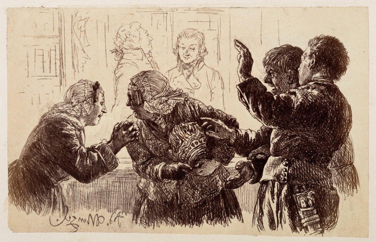Marthe, les tessons de la cruche dans les bras, se tient entre Veit et Ruprecht, tandis qu
