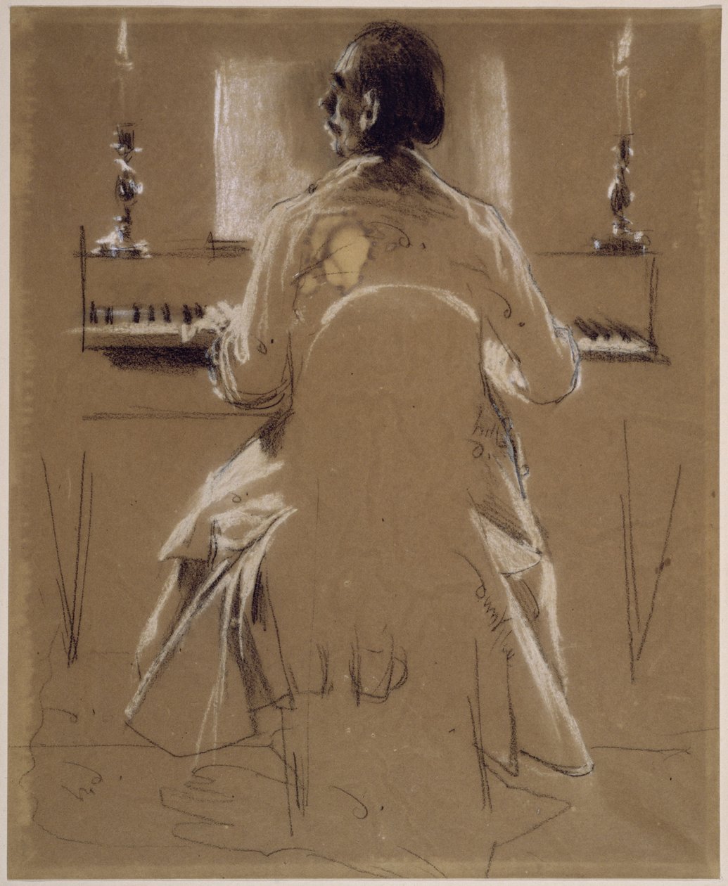 Étude de modèle (Richard, frère de Menzel) représentant Philipp Emanuel Bach au piano ou au pianoforte. Étude préliminaire au tableau « Le concert de flûte de Frédéric le Grand à Sanssouci » - Adolph Menzel