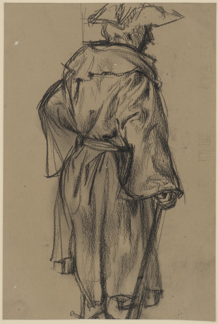 Officier en manteau et chapeau, tenant une canne dans la main droite, vu de profil vers la droite. (Étude de posture de Moritz von Anhalt-Dessau) - Adolph Menzel