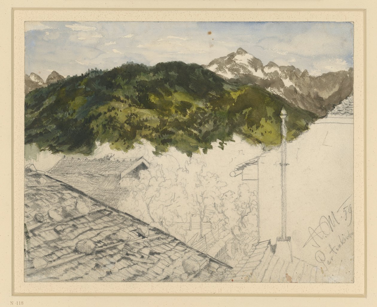 Partenkirchen, vue sur les montagnes et les fermes - Adolph Menzel