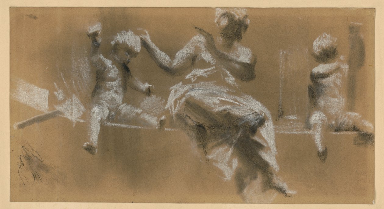 Sculpture décorative sur une corniche, représentant une figure féminine allégorique flanquée de putti symbolisant la peinture (à droite) et la sculpture (à gauche), cf. n° 159 du catalogue - Adolph Menzel