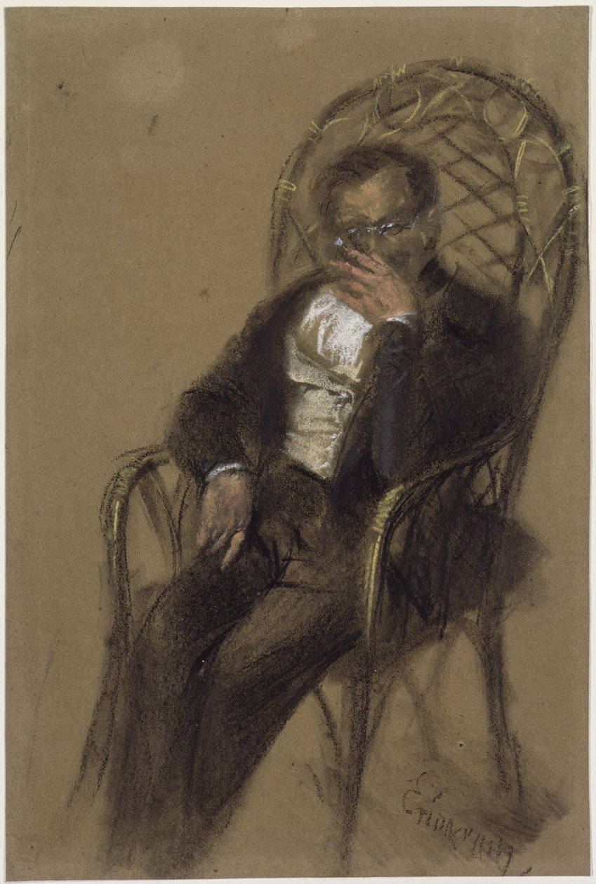 Un homme à lunettes, en train de fumer, assis dans un fauteuil en osier - Adolph Menzel