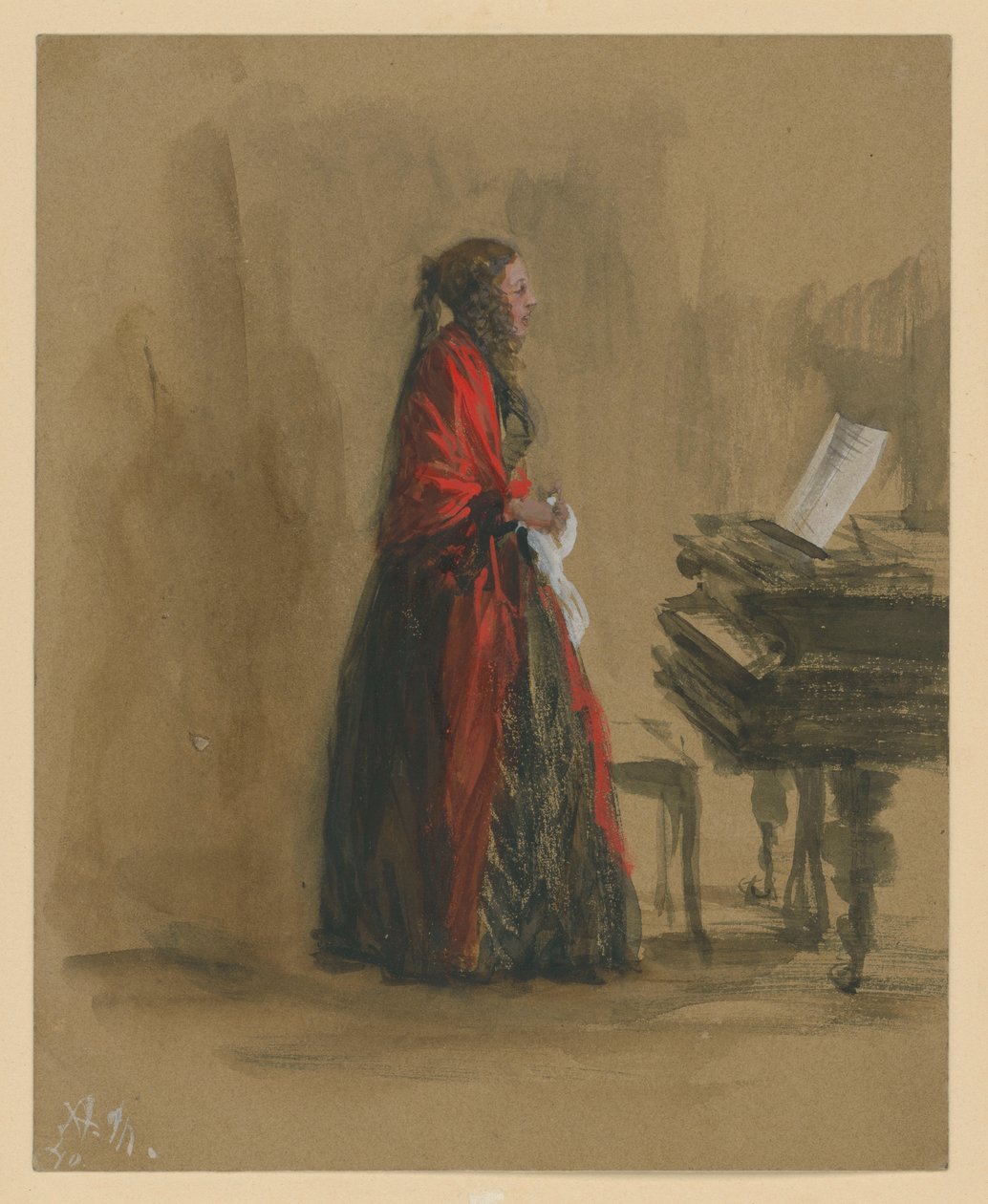 Femme chantant, debout devant un piano à queue, de profil vers la droite - Adolph Menzel