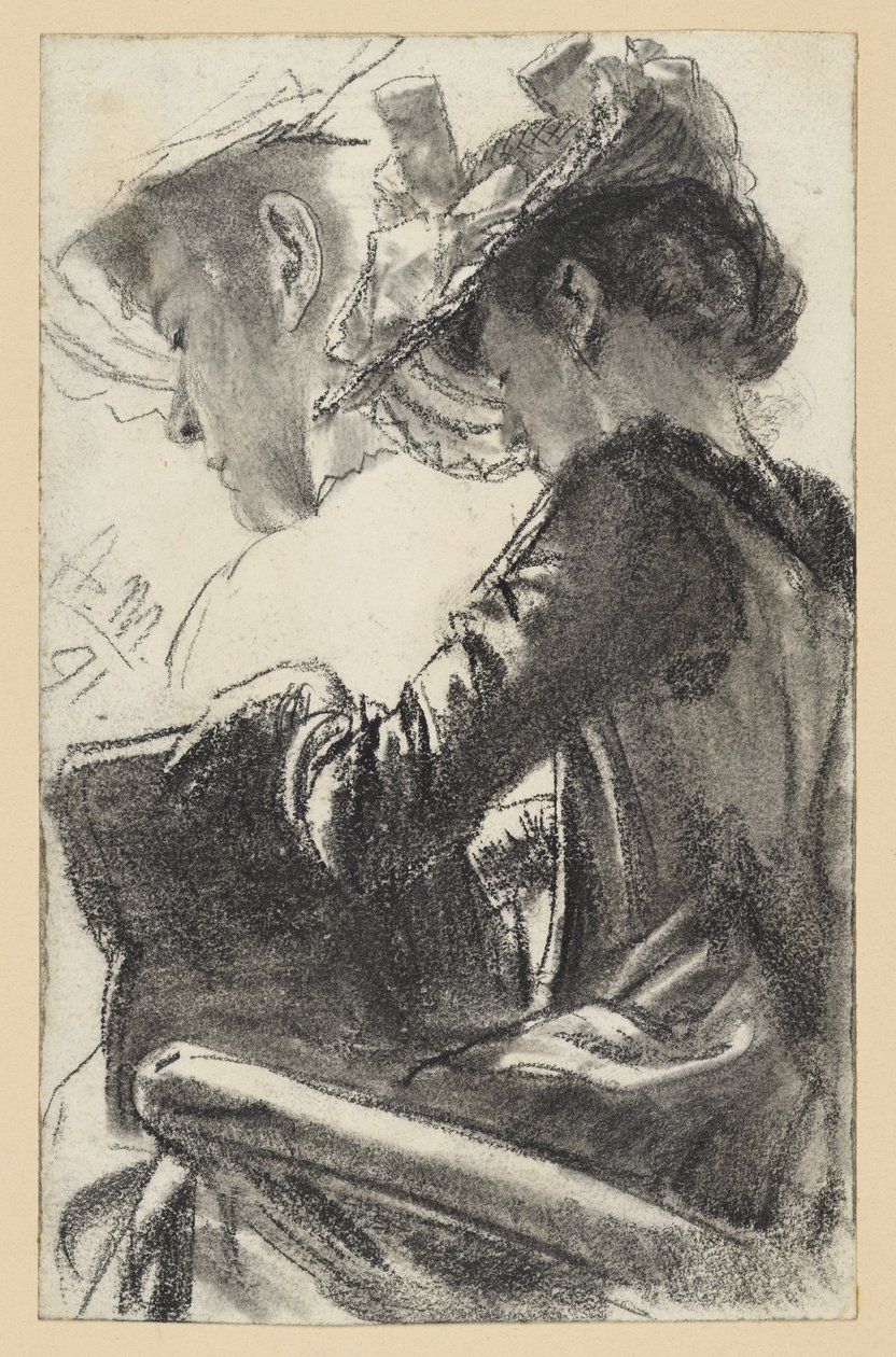 Femme assise avec chapeau, un livre dans les mains, tête répétée - Adolph Menzel