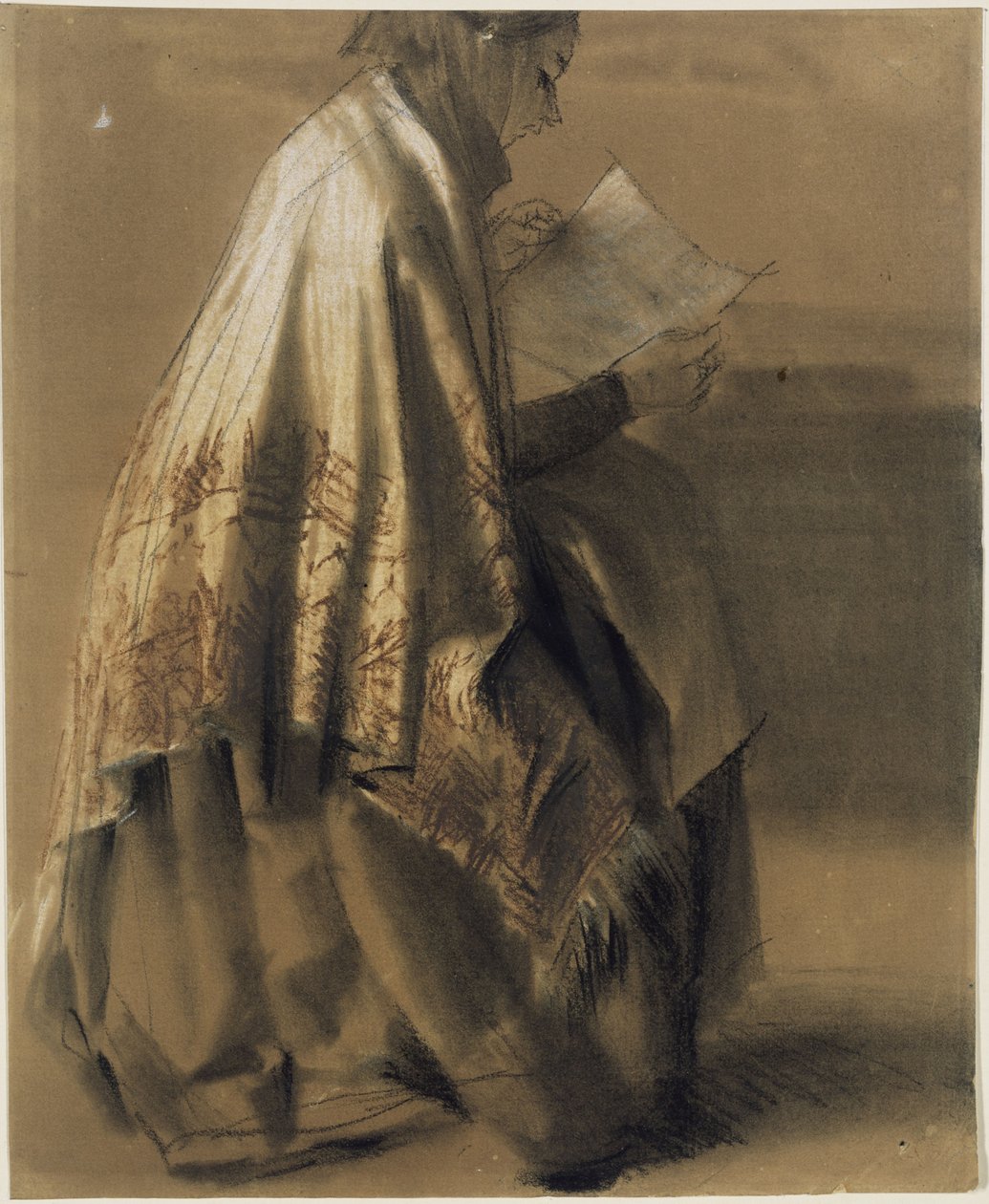 Femme assise, en train de lire, enveloppée dans un grand châle - Adolph Menzel