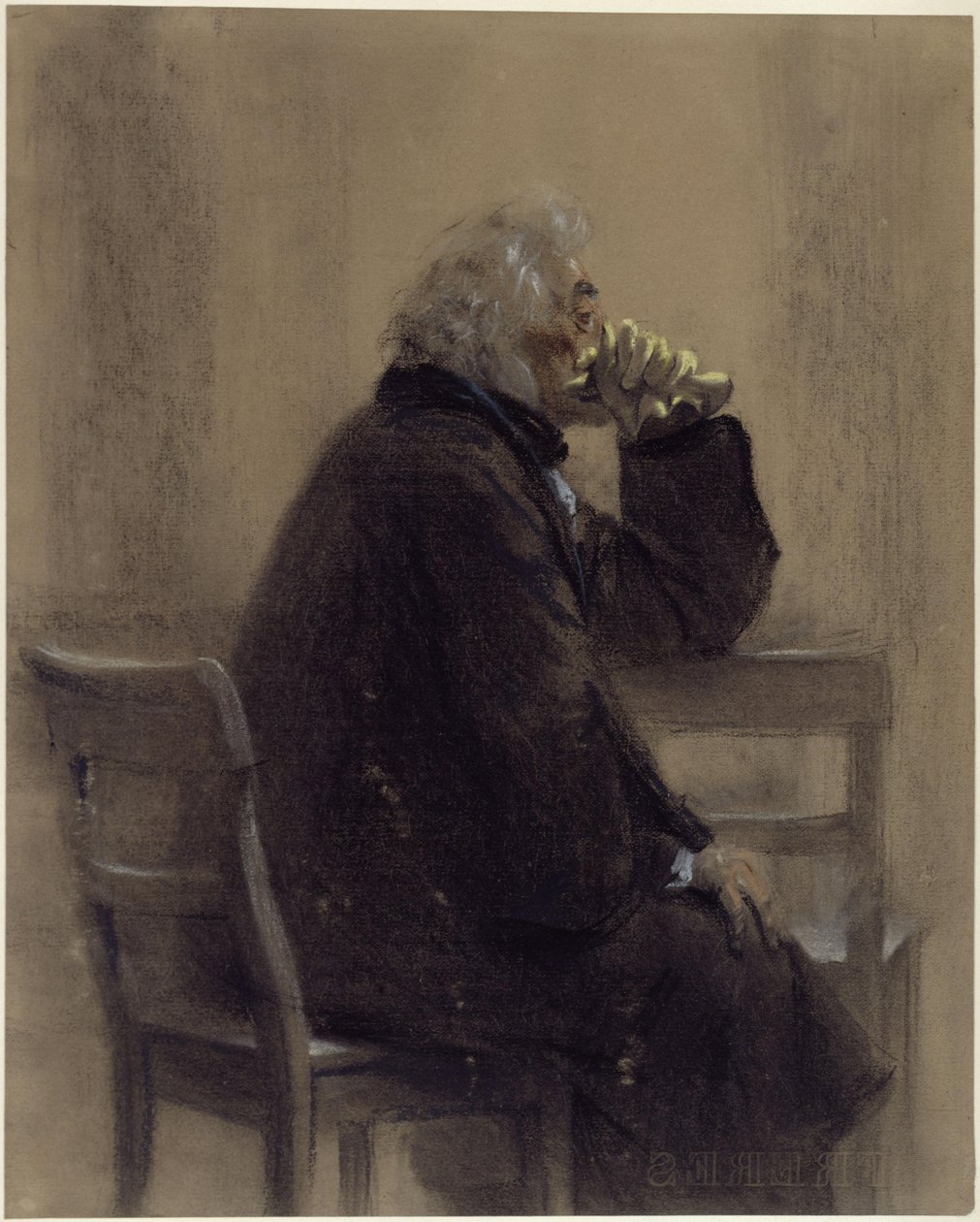 Homme âgé assis, vêtu d