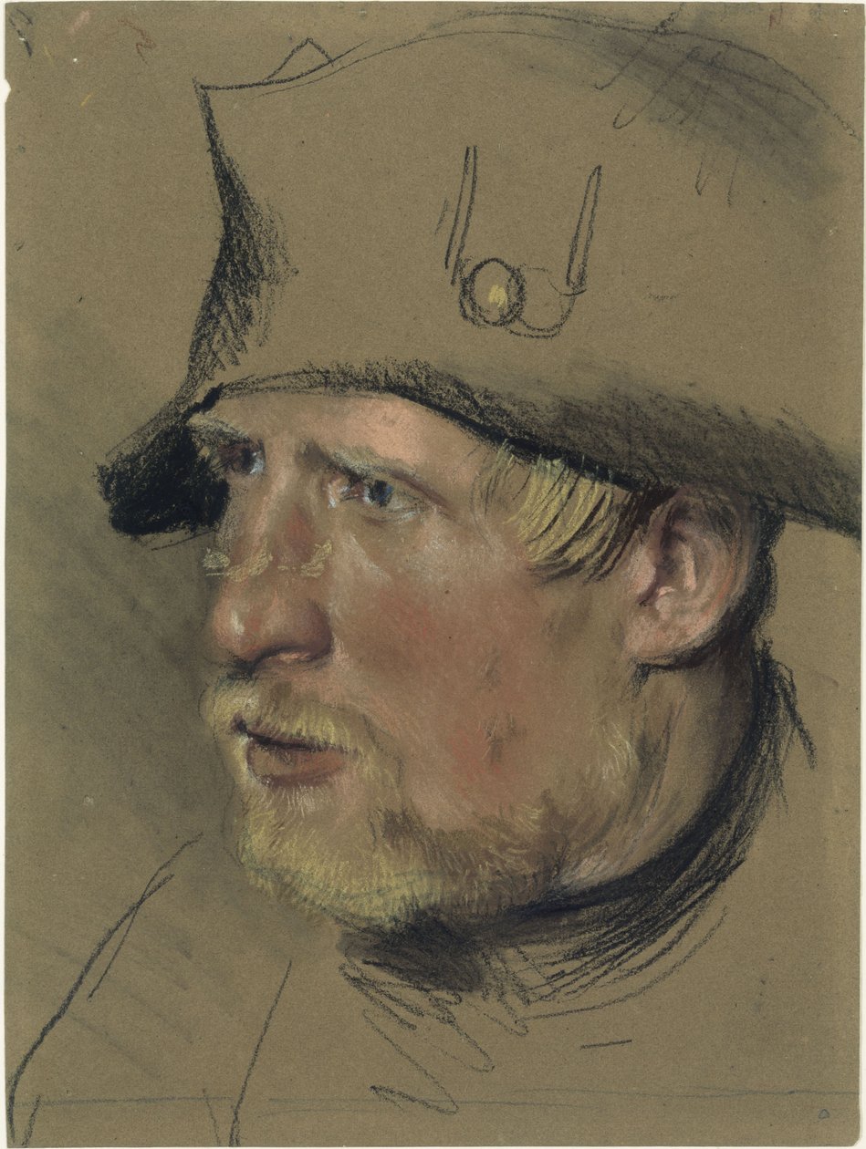 Soldat à la moustache et à la barbiche blondes portant un tricorne, étude de tête - Adolph Menzel