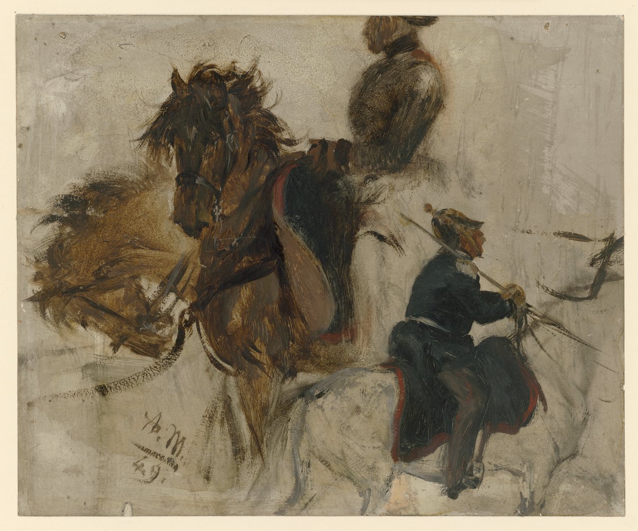 Étude avec soldat à cheval et têtes de chevaux - Adolph Menzel