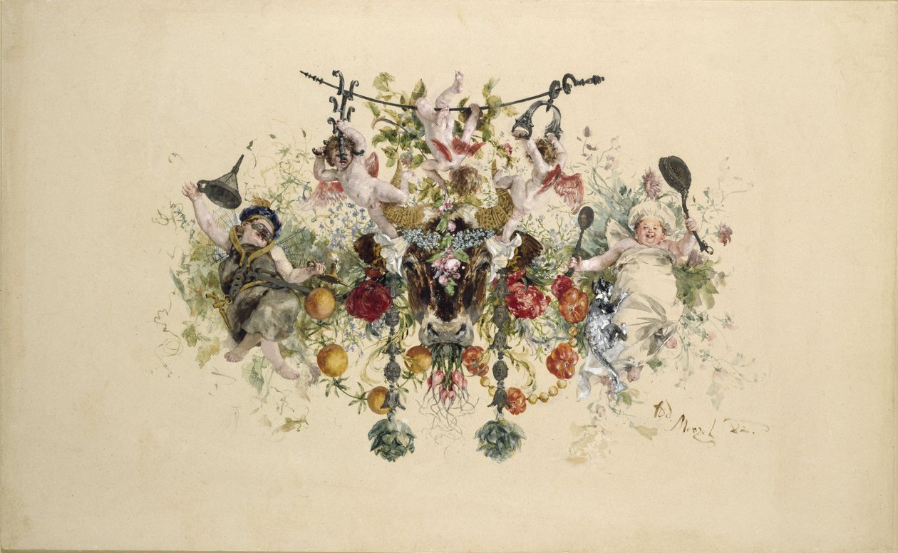 Vaisselle : plat à rôti avec putti, maître de cave et cuisinier - Adolph Menzel