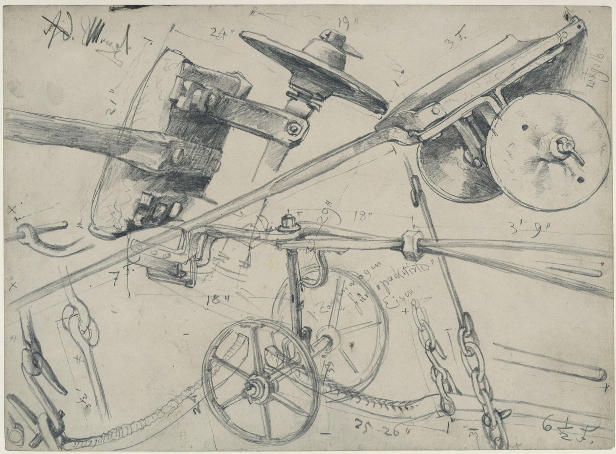 Chariot de transport avec détails et dimensions. Étude pour « La Forge. Cyclopes modernes » - Adolph Menzel