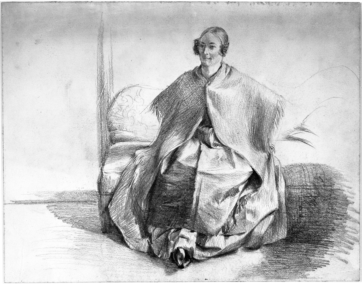 Personnage féminin en costume, portant un châle, assis sur un canapé - Adolph Menzel