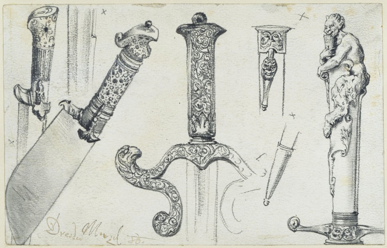 Couteau de chasse de la fin du XVIe siècle, épée de chasse de la première moitié du XVIIe siècle ainsi que le « Permoser » (couteau de chasse au cerf) du début du XVIIIe siècle, Musée historique, Dresde - Adolph Menzel