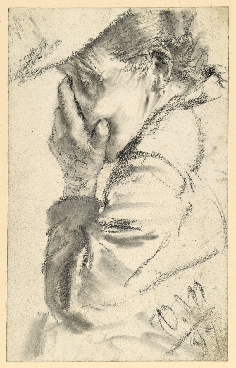 Vieille femme en larmes, le visage enfoui dans ses mains, portrait de profil vers la gauche - Adolph Menzel