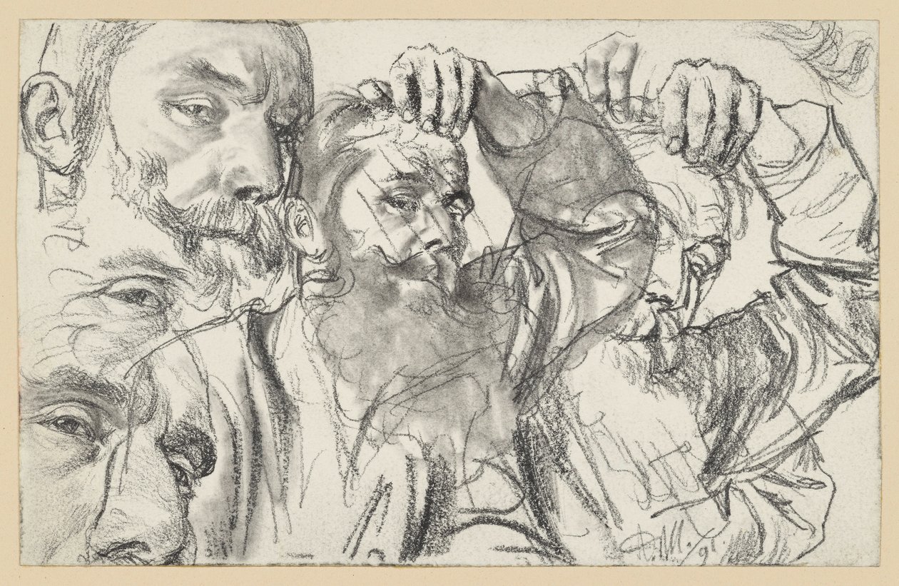 Deux études représentant un homme barbu qui se touche le front de la main gauche, le visage représenté deux fois - Adolph Menzel