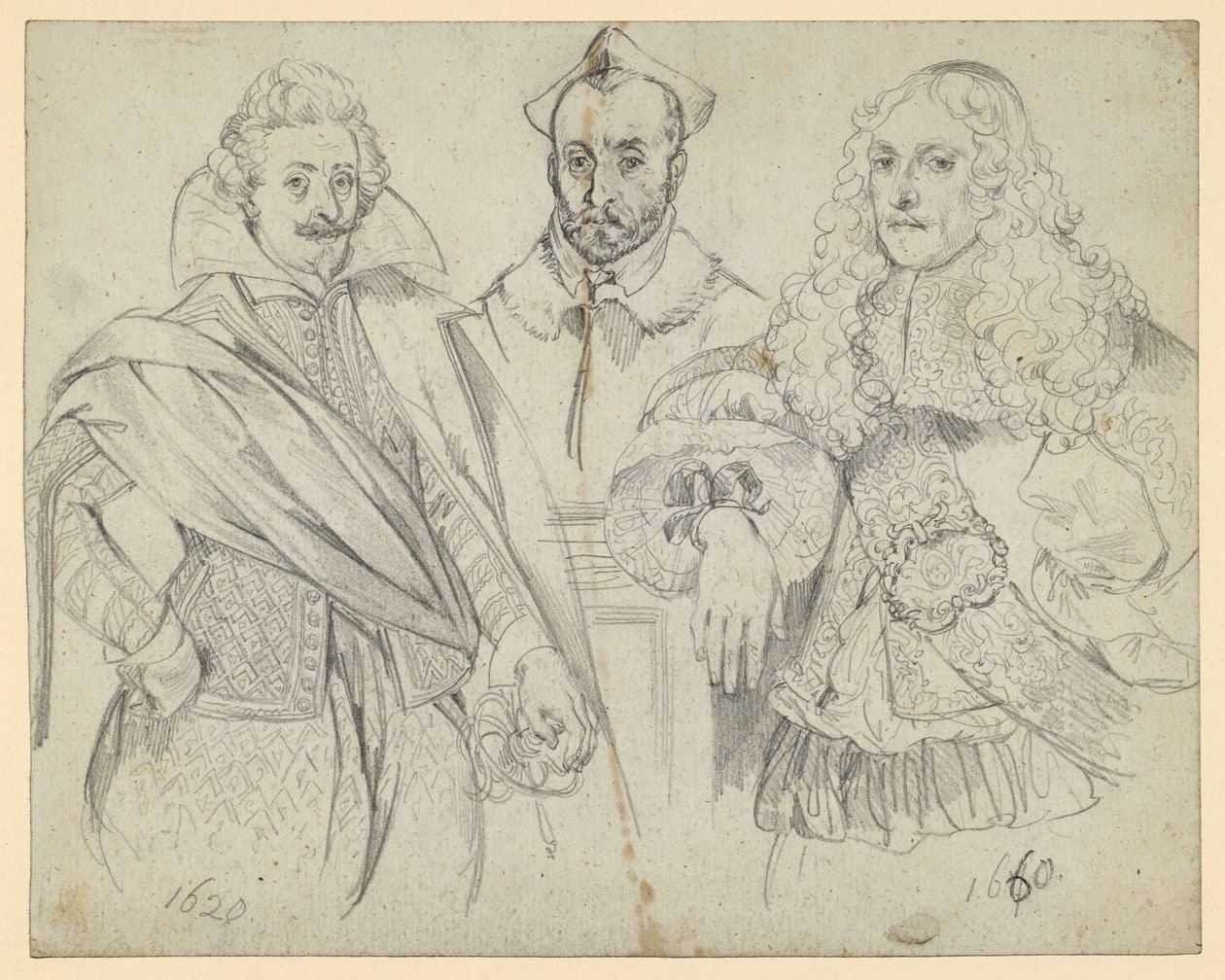 Deux dignitaires datant de 1620 et 1660, avec au centre un cardinal. Reproductions de représentations historiques - Adolph Menzel