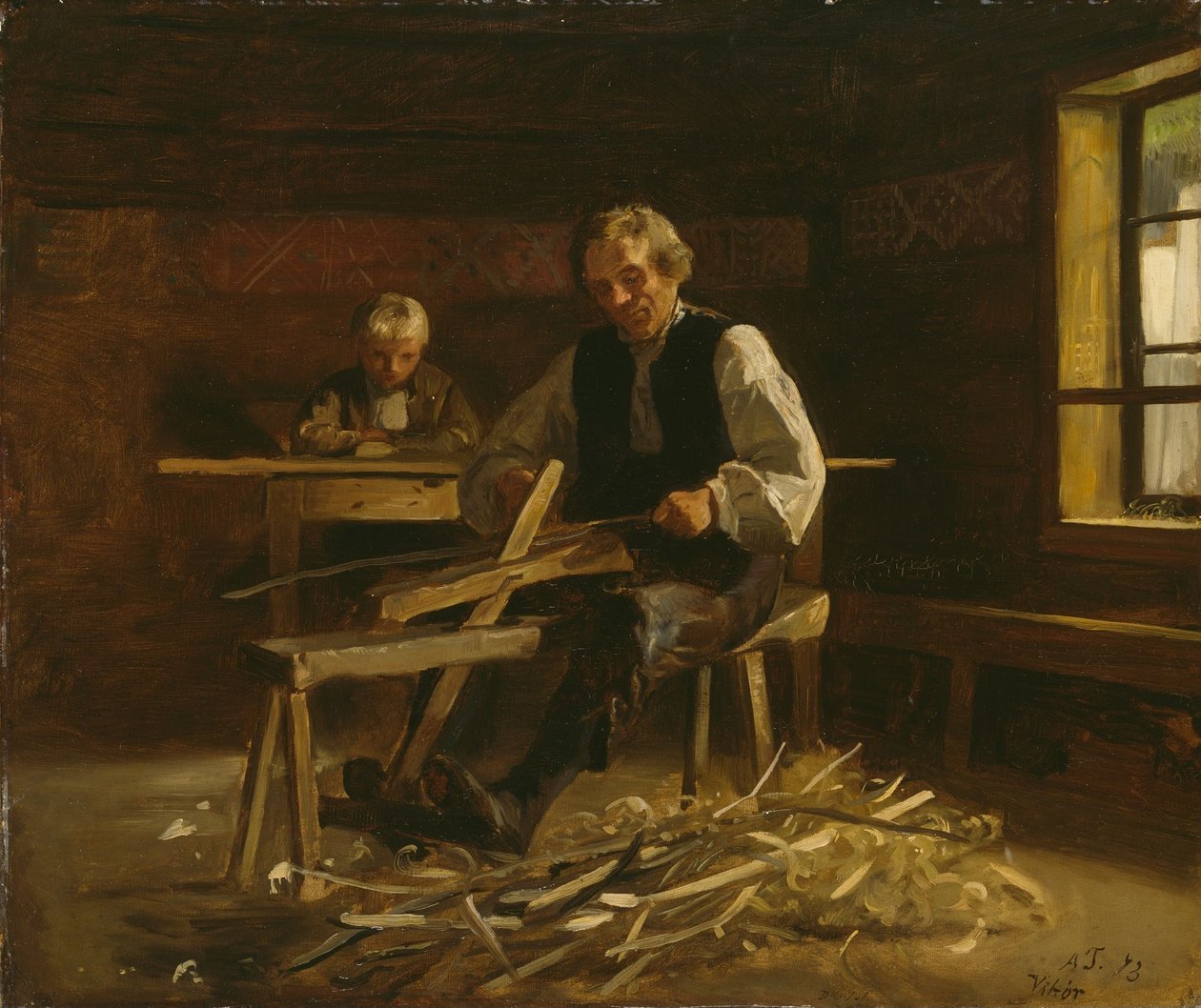 Intérieur de Vikøy avec un paysan fabriquant des cercles de tonneaux - Adolph Tidemand