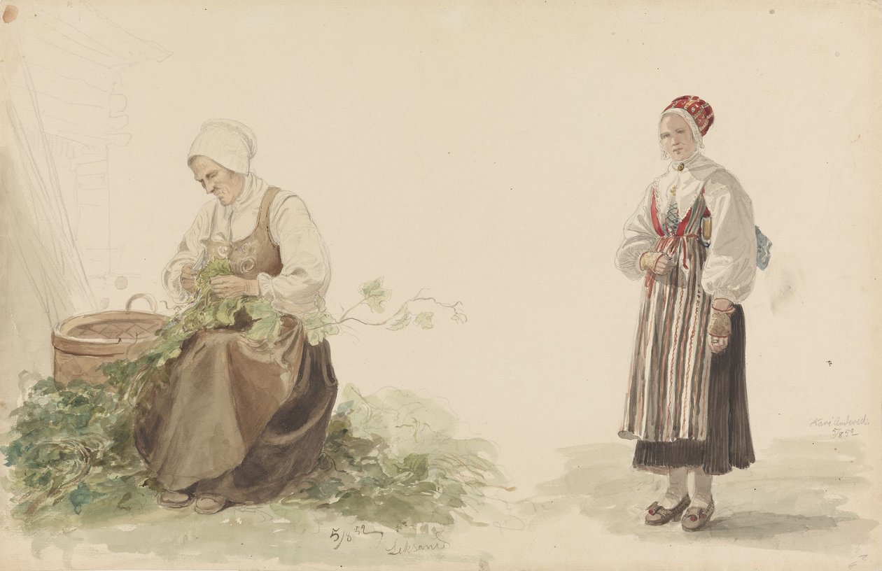 Une femme cueillant des feuilles de chêne et Kari Andersdatter - Adolph Tidemand