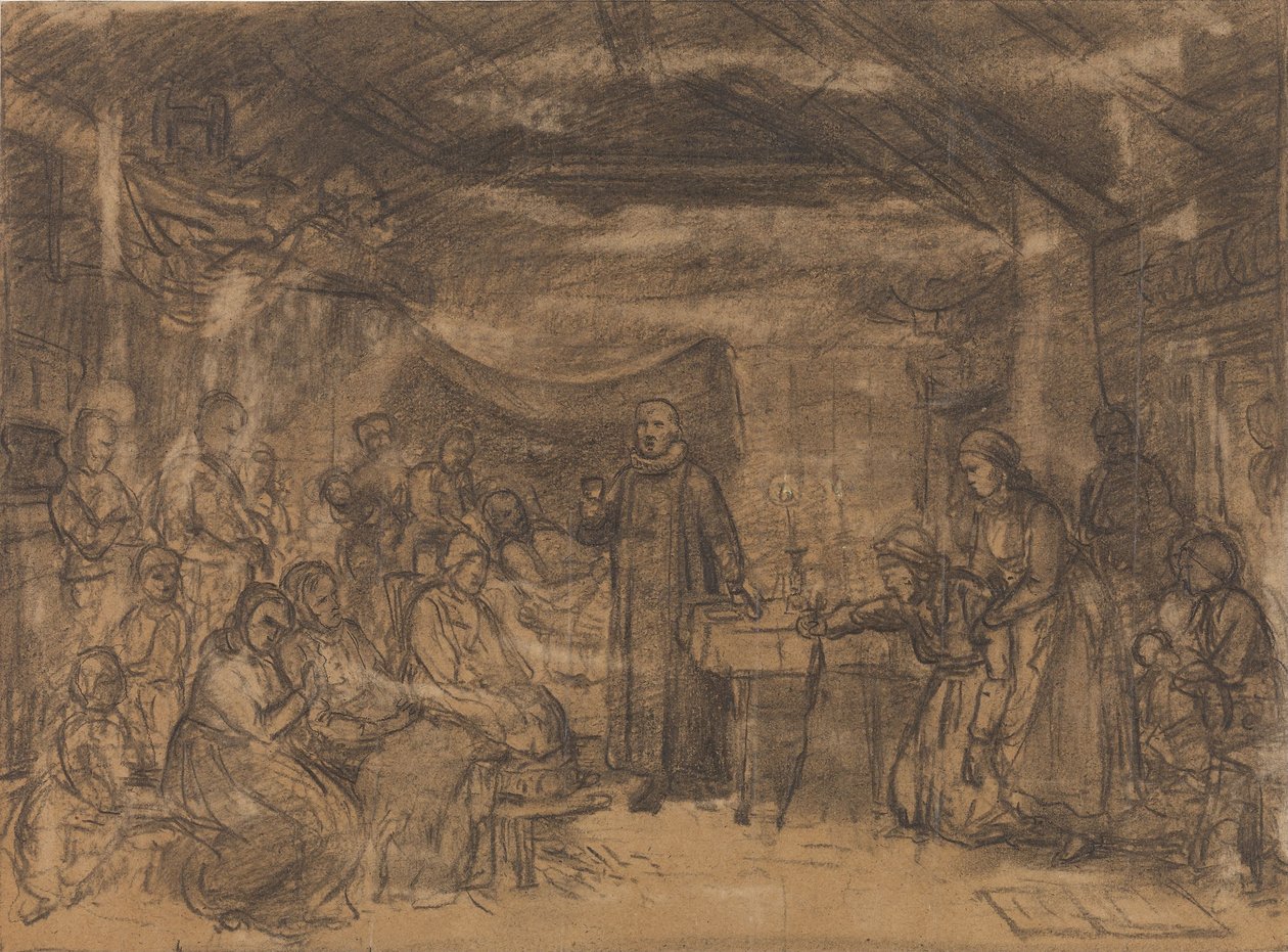 Prêtre distribuant la communion dans un intérieur paysan - Adolph Tidemand
