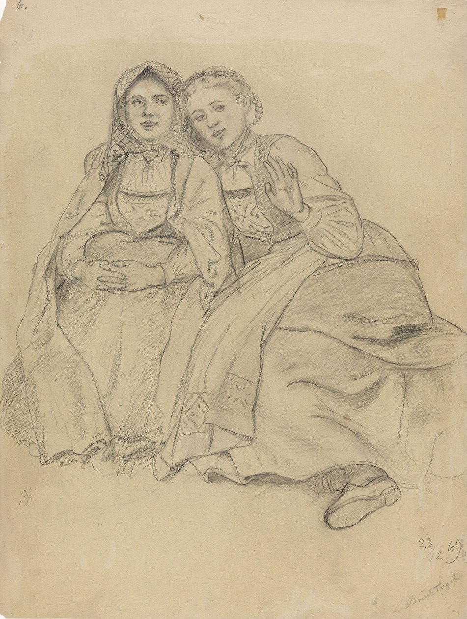 Deux jeunes filles assises en costume bunad - Adolph Tidemand