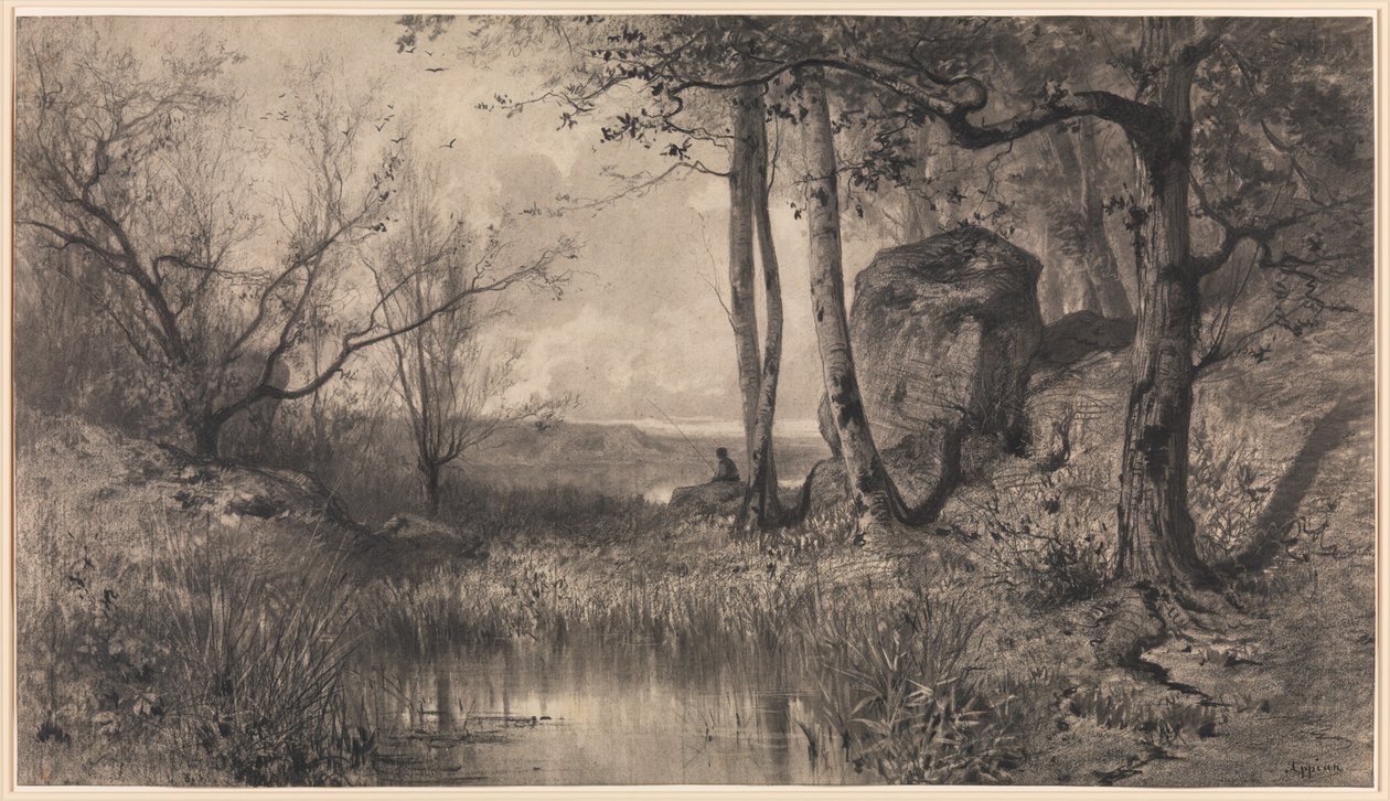 Un étang avec un pêcheur le long de la rivière Ain - Adolphe Appian