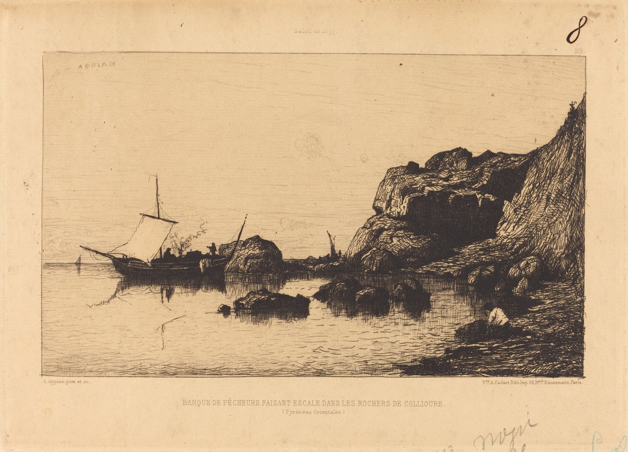 Barque de pêcheurs faisant escale dans les rochers de Collioure - Adolphe Appian