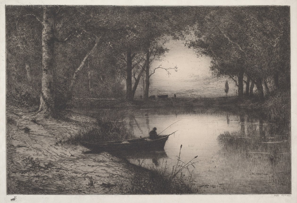 Pêcheur en canot, au bord d