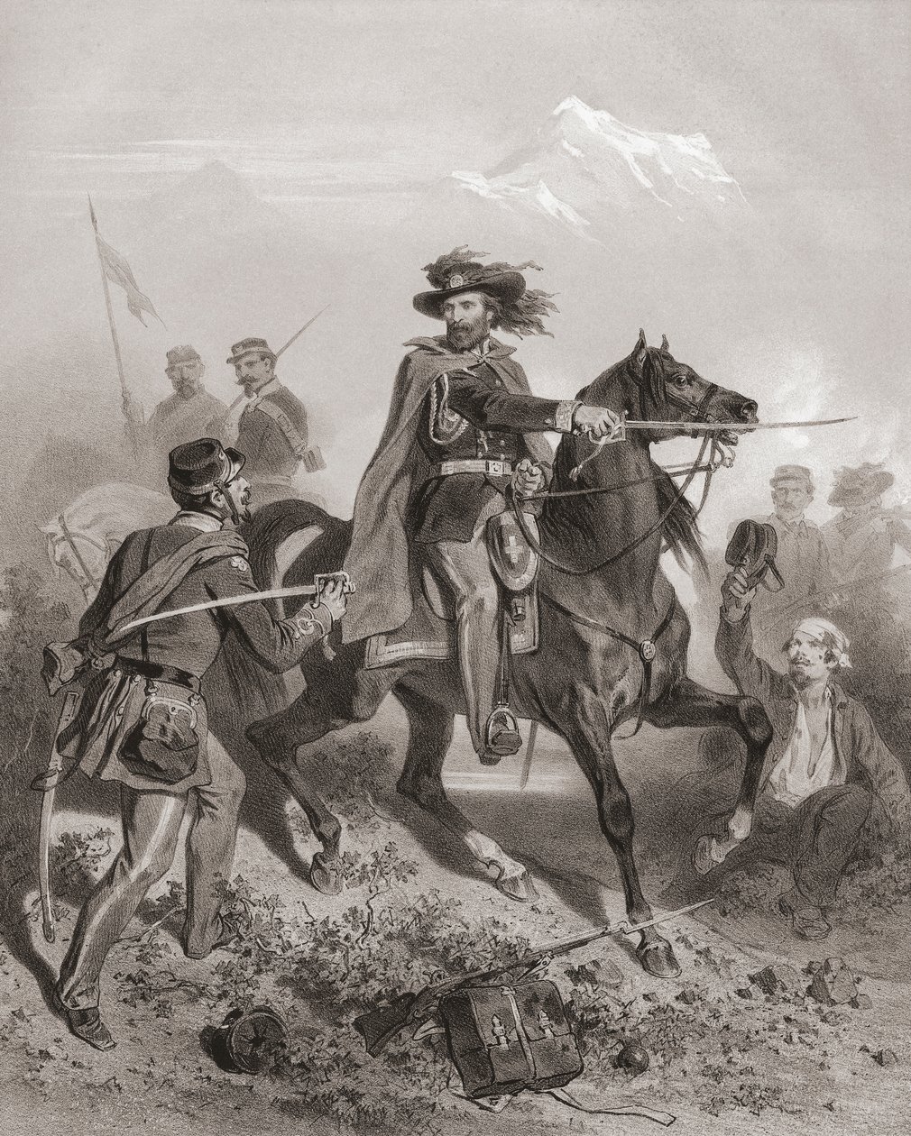 Giuseppe Garibaldi à la bataille de Varèse. (impression) - Adolphe Jean Baptiste (after) Bayot