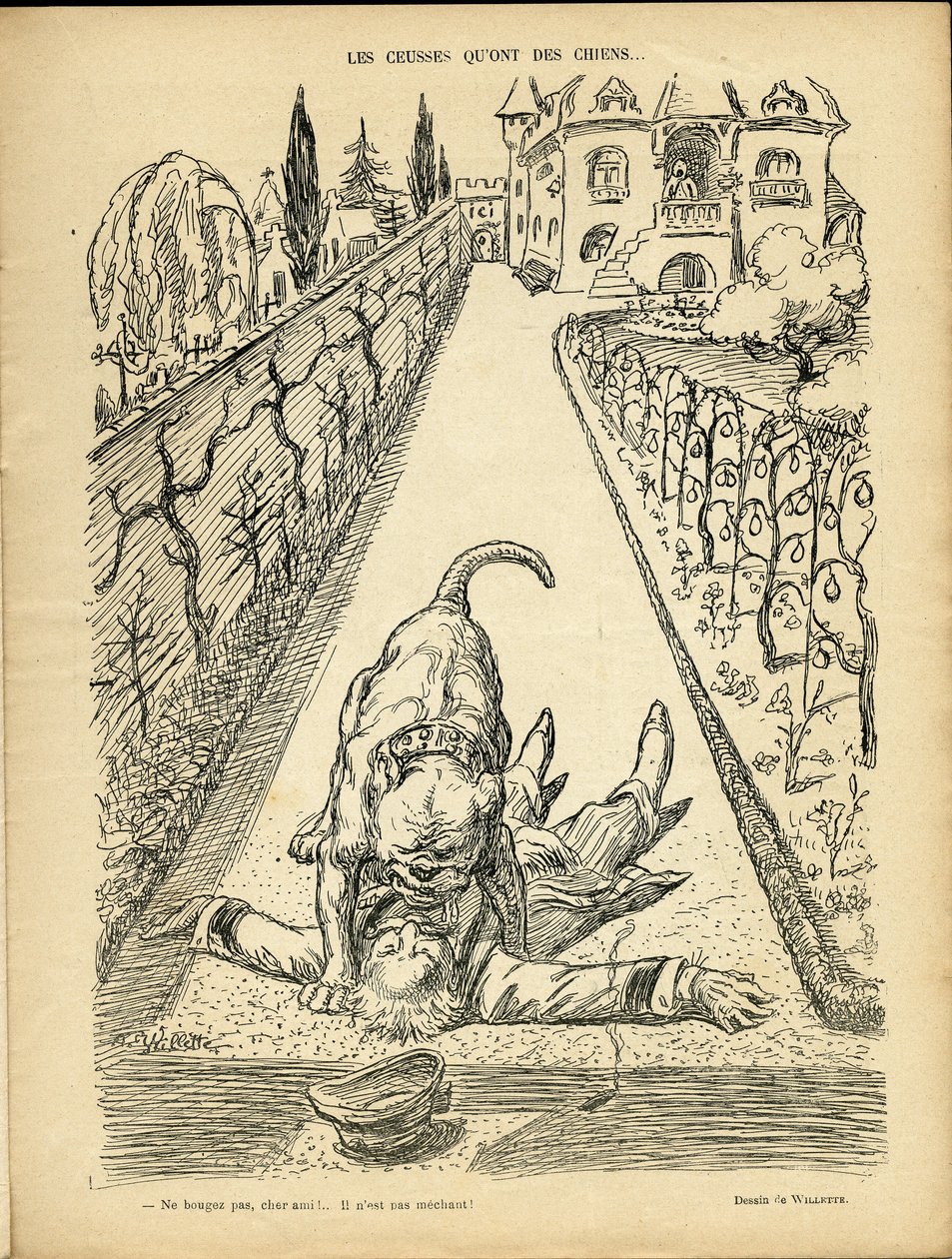 Illustration de Adolphe dit Willette (1857-1926) dans Le Rire, 27/02/09 - Les ceusses que on des chiens - Architecture Urbanisme, Animaux - Chien, Pitt-Bull - Adolphe Leon Willette