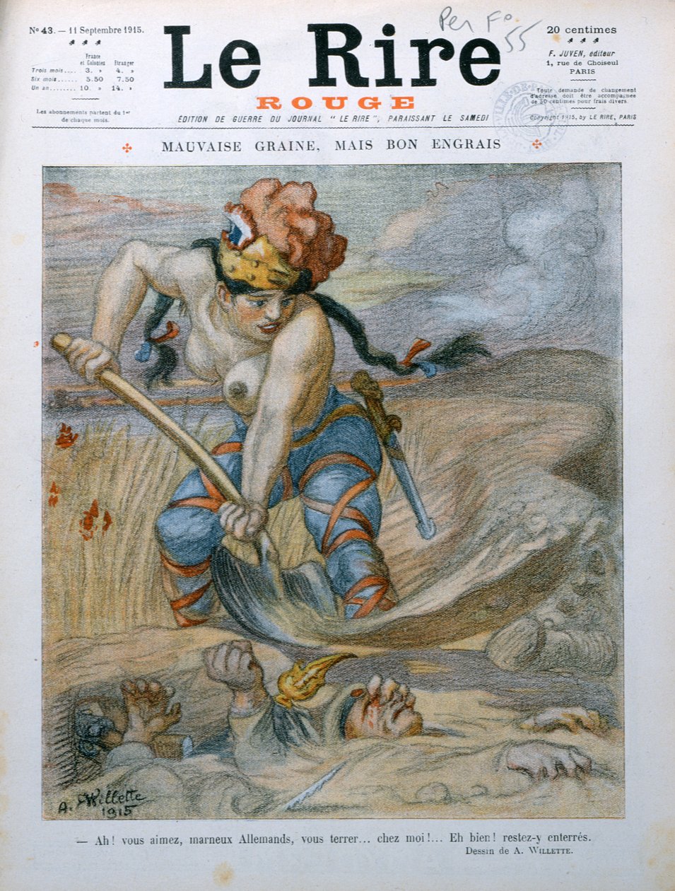 Marianne Enterrant des Soldats Allemands dans les Tranchées de la Marne, caricature de 
