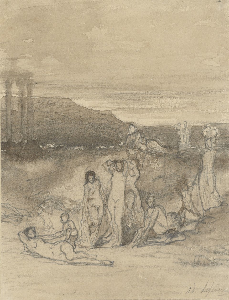 Paysage classique avec figures nues allongées, debout et assises et une ruine de temple - Adolphe René Lefèvre