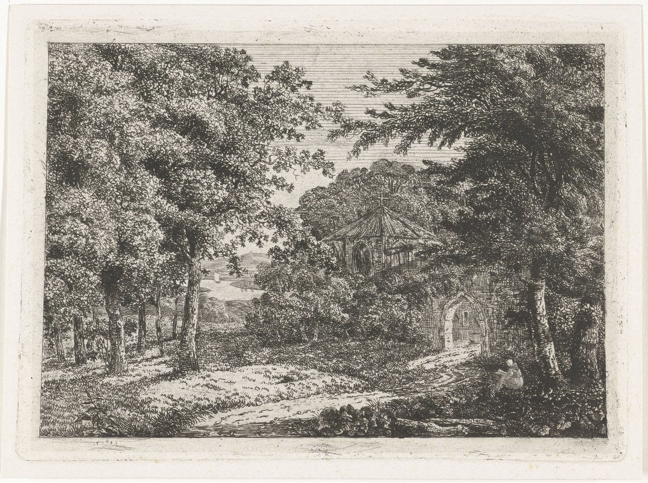 Paysage avec chapelle entre les arbres et moine lisant - Adriaan Jacob Willem van Dielen