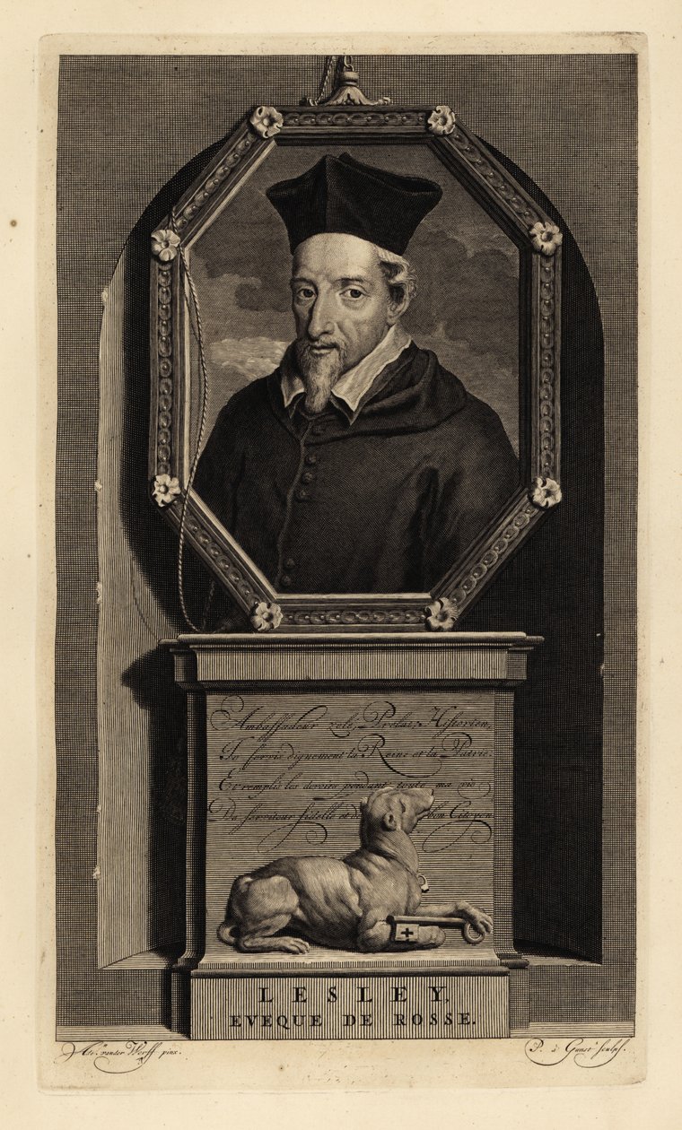 John Lesley, historien écossais et évêque de Ross. Évêque de Rosse. Chien avec clé. Gravure sur cuivre par Pieter Stevens van Gunst d