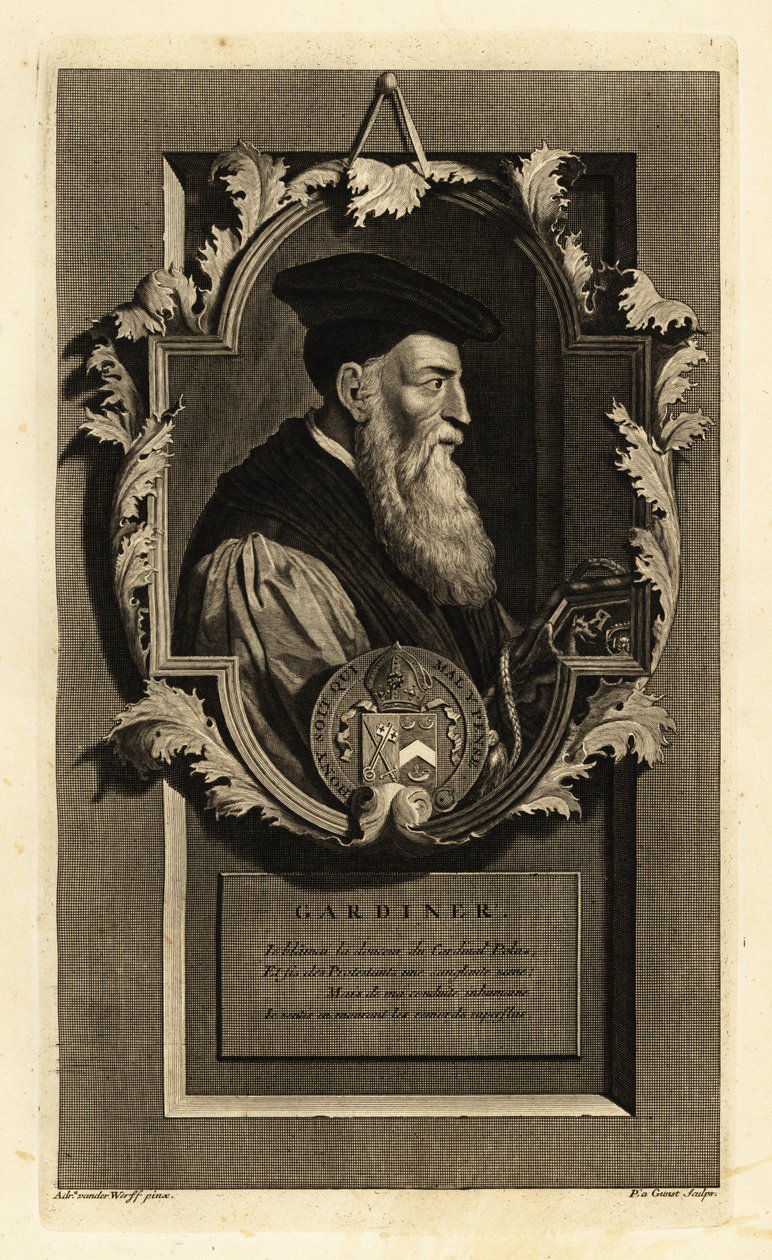Portrait de Stephen Gardiner, évêque de Winchester et politicien. Avec armoiries. Gravure sur cuivre par Pieter Stevens van Gunst d