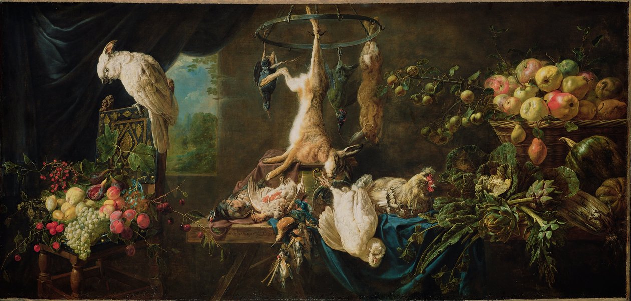 Nature morte : gibier, légumes, fruits, cacatoès - Adriaen van Utrecht