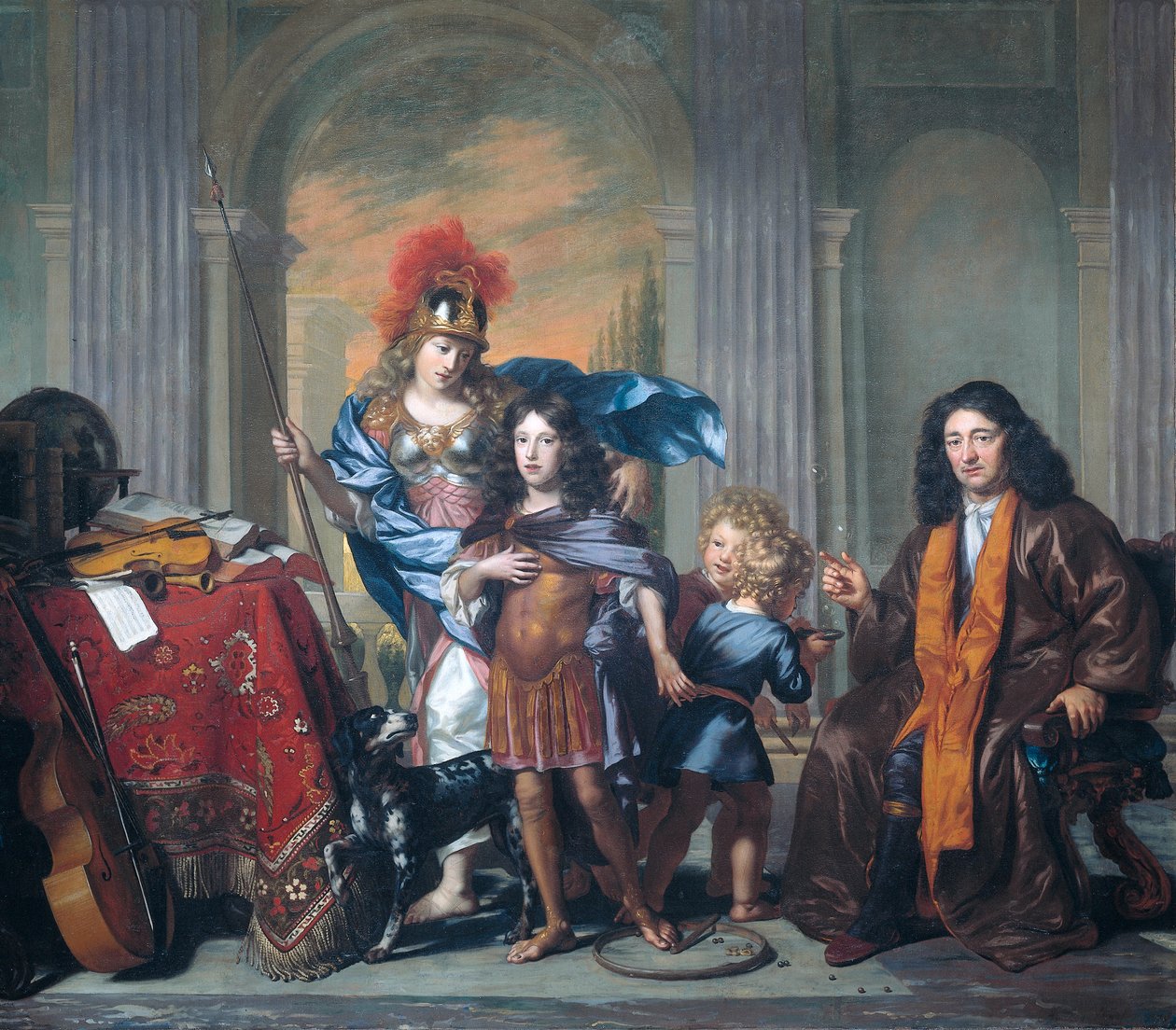 Néerlandais : Allegorische portretgroep van de familie De Bordes met Minerva Portrait de groupe allégorique, montrant probablement Anthony de Bordes Sr. laissant son fils Anthony aux bons soins de Minerva - Adriaen Backer
