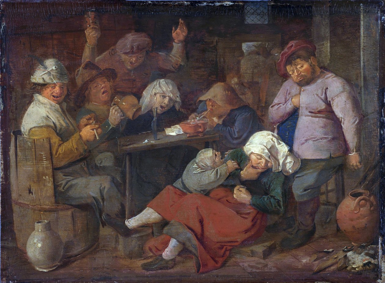 Néerlandais : auberge avec des paysans ivres Pauvres gens buvant dans une taverne - Adriaen Brouwer