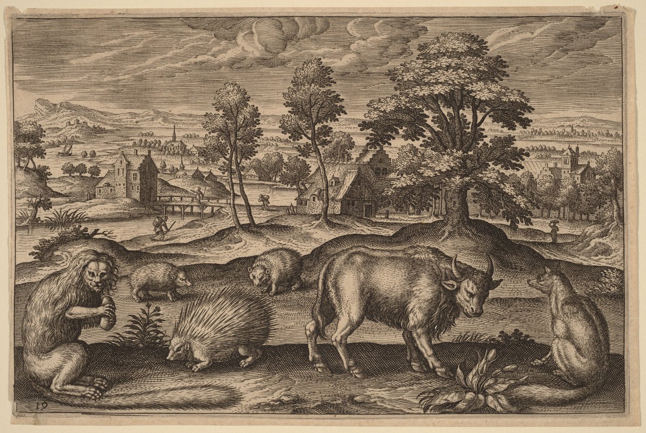 Un singe, un porc-épic, deux hérissons, un buffle et un renard - Adriaen Collaert
