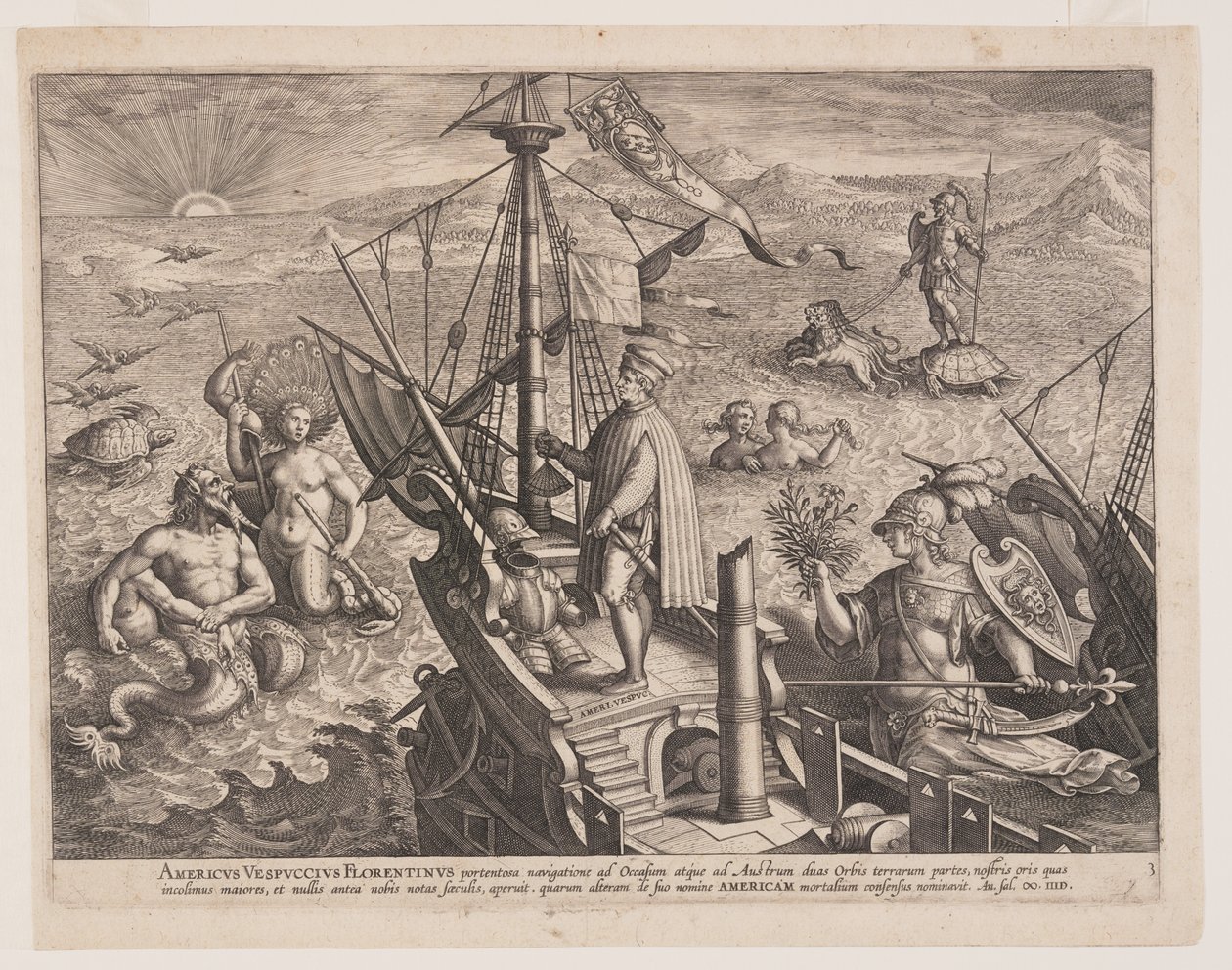 Amerigo Vespucci sur son navire, extrait de Americae Retectio (La découverte de l