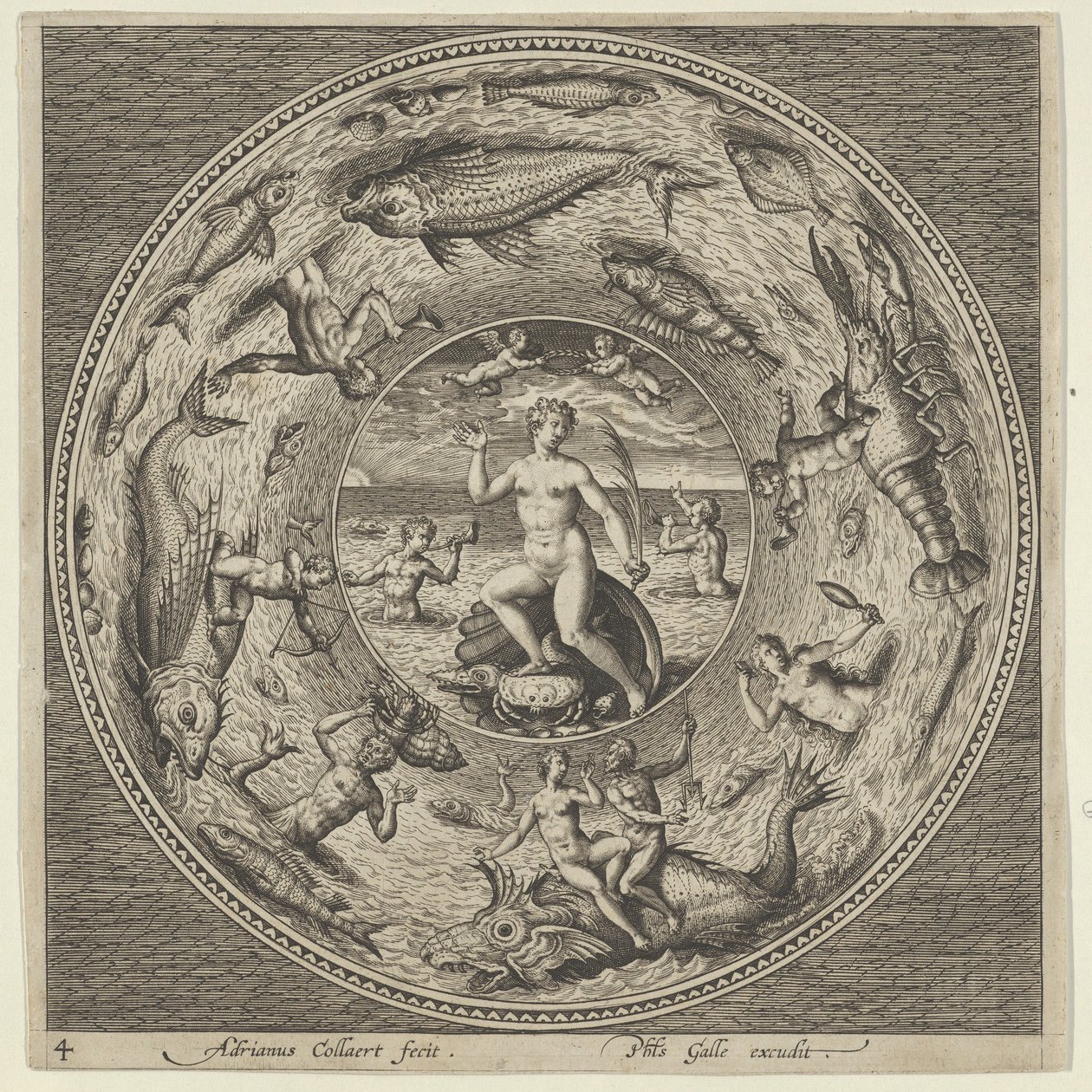 Conception pour une assiette avec Galatée sur une coquille flanquée de trompettistes dans une bordure de médaillon - Adriaen Collaert