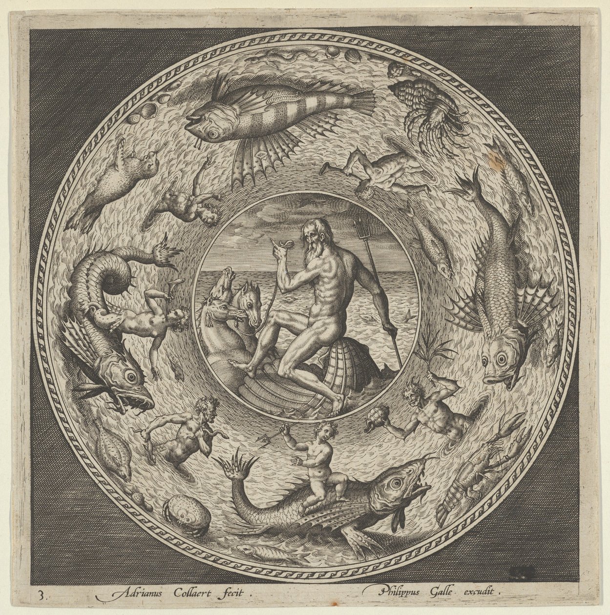 Design pour une Assiette avec Neptune dans une Coquille Tirée par des Chevaux dans un Médaillon Bordé par..., vers 1600 - Adriaen Collaert