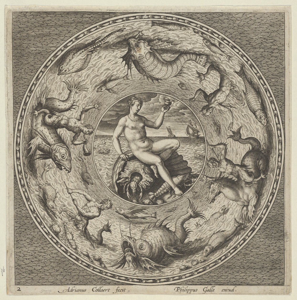 Design pour une assiette avec Thétis sur une coquille dans un médaillon bordé de monstres marins, vers 1600 - Adriaen Collaert